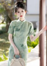 Verdant Harmony Cheongsam Bamboo & Lotus Embroidered Silk Dress​