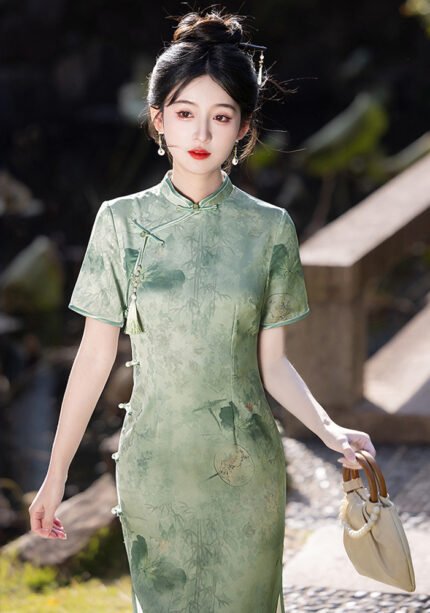 Verdant Harmony Cheongsam Bamboo & Lotus Embroidered Silk Dress​