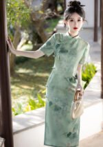 Verdant Harmony Cheongsam Bamboo & Lotus Embroidered Silk Dress​