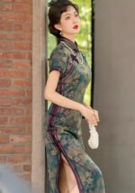 Vintage Floral Print Cheongsam with Purple Trim