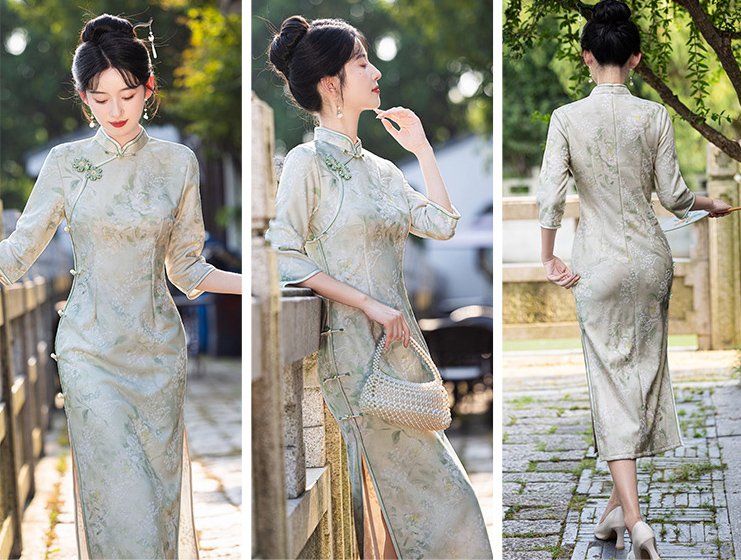 Vintage-Inspired Light Green Floral Qipao Dress
