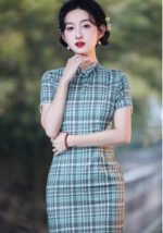 Vintage Plaid Qipao Dress Timeless Elegance
