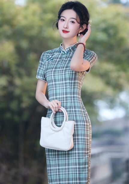 Vintage Plaid Qipao Dress Timeless Elegance