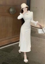Winter Luxe Vintage-Inspired White Velvet Cheongsam Faux Fur Dress