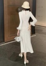 Winter Luxe Vintage-Inspired White Velvet Cheongsam Faux Fur Dress