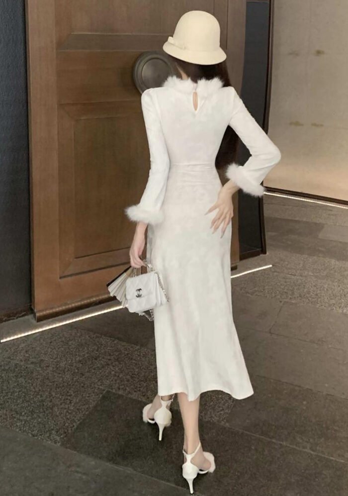 Winter Luxe Vintage-Inspired White Velvet Cheongsam Faux Fur Dress