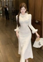 Winter Luxe Vintage-Inspired White Velvet Cheongsam Faux Fur Dress