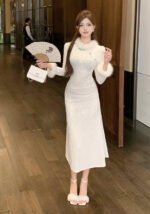 Winter Luxe Vintage-Inspired White Velvet Cheongsam Faux Fur Dress