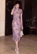 Purple Floral Qipao Dress Retro Elegance Cheongsam