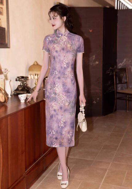 Purple Floral Qipao Dress Retro Elegance Cheongsam