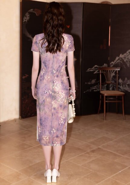 Purple Floral Qipao Dress Retro Elegance Cheongsam