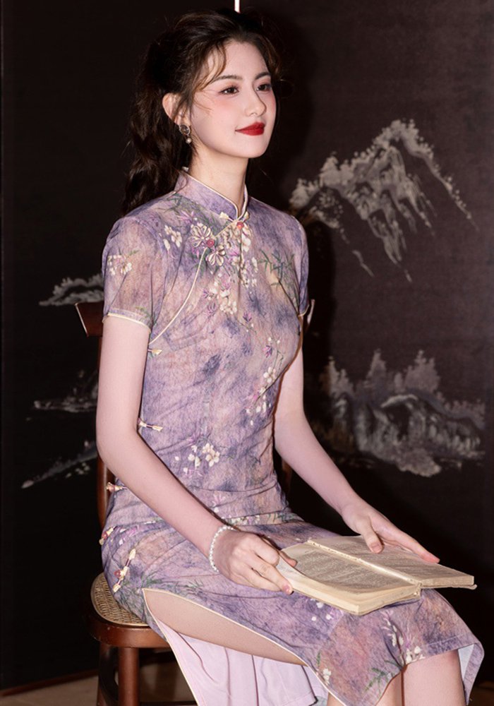 Purple Floral Qipao Dress Retro Elegance Cheongsam