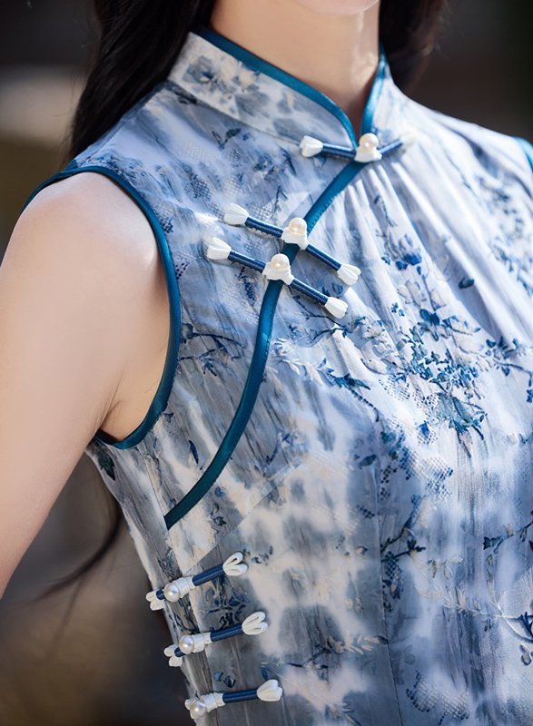 Chinese Cheongsam Timeless Green Blue Geometric Patterns