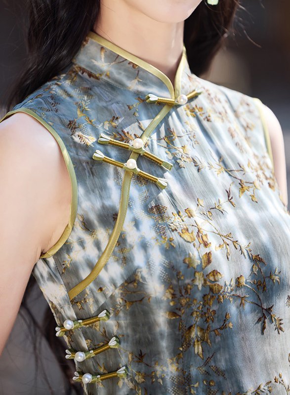 Chinese Cheongsam Timeless Green Blue Geometric Patterns