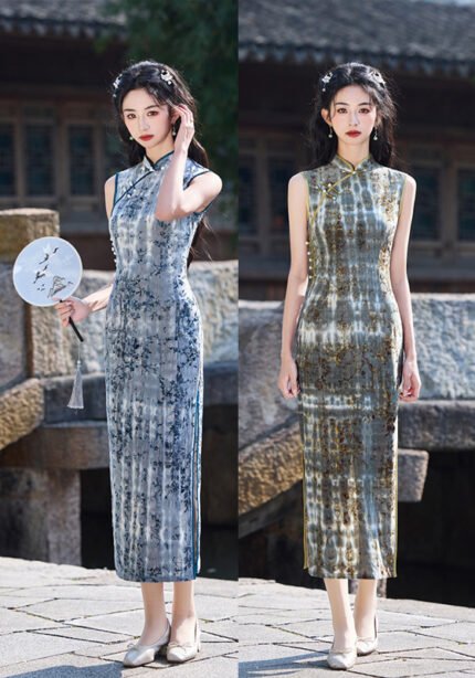 Chinese Cheongsam Timeless Green Blue Geometric Patterns