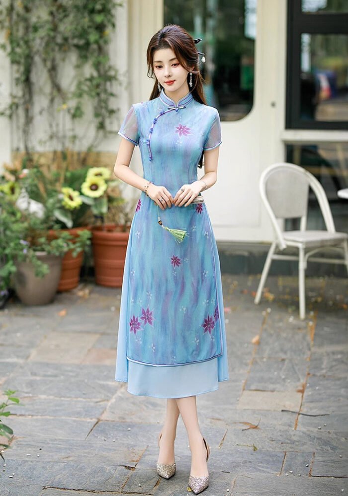 Chinese Style Cheongsam Dress Satin Traditional Floral Print