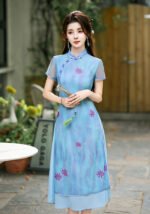 Chinese Style Cheongsam Dress Satin Traditional Floral Print