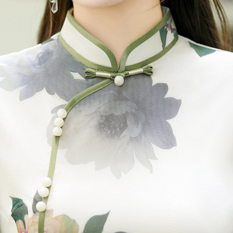 Chinese Style Cheongsam Dress Satin Traditional Floral Print