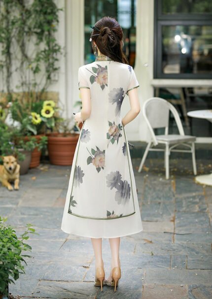 Chinese Style Cheongsam Dress Satin Traditional Floral Print