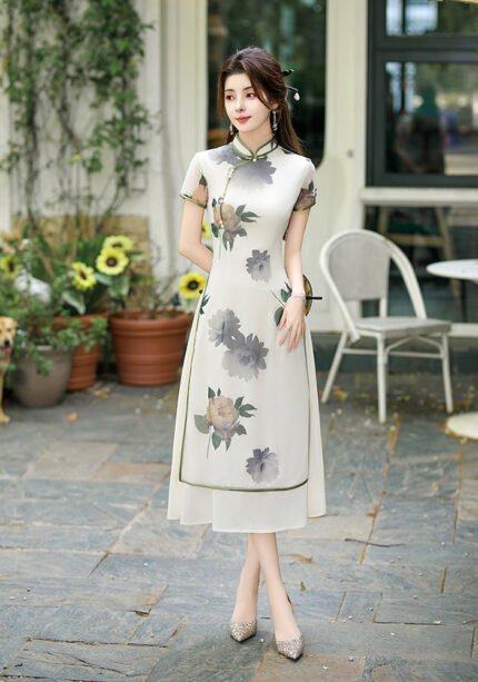 Chinese Style Cheongsam Dress Satin Traditional Floral Print