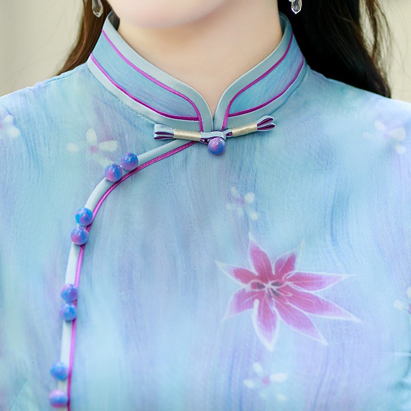 Chinese Style Cheongsam Dress Satin Traditional Floral Print