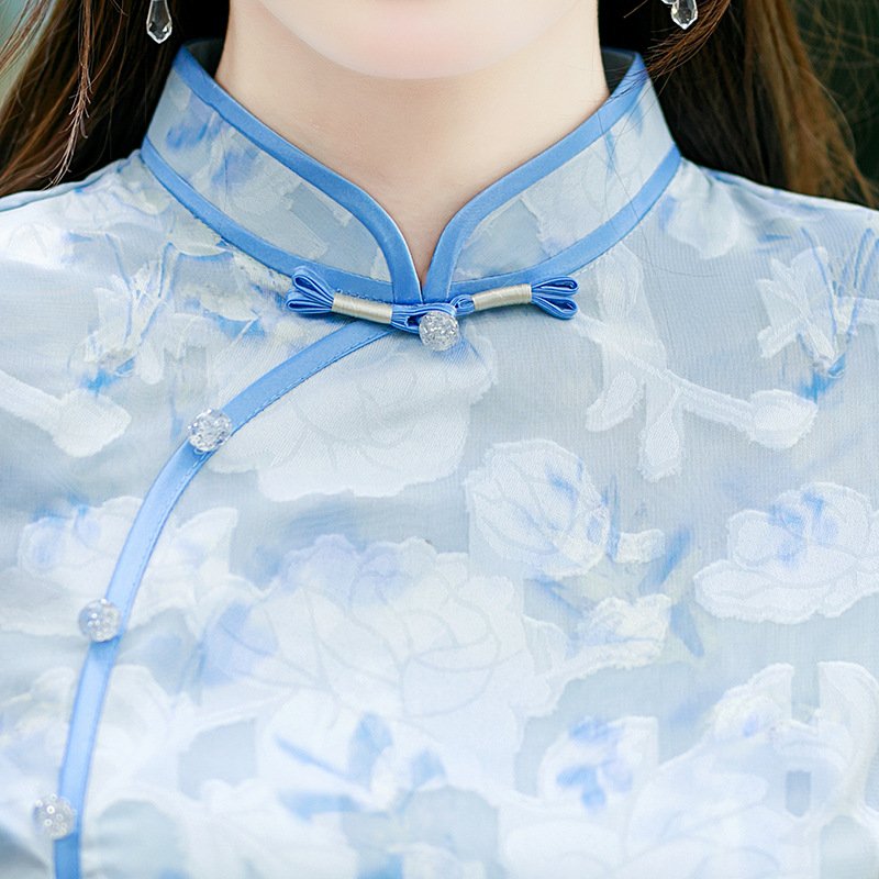 Chinese Style Cheongsam Satin Pink Blue