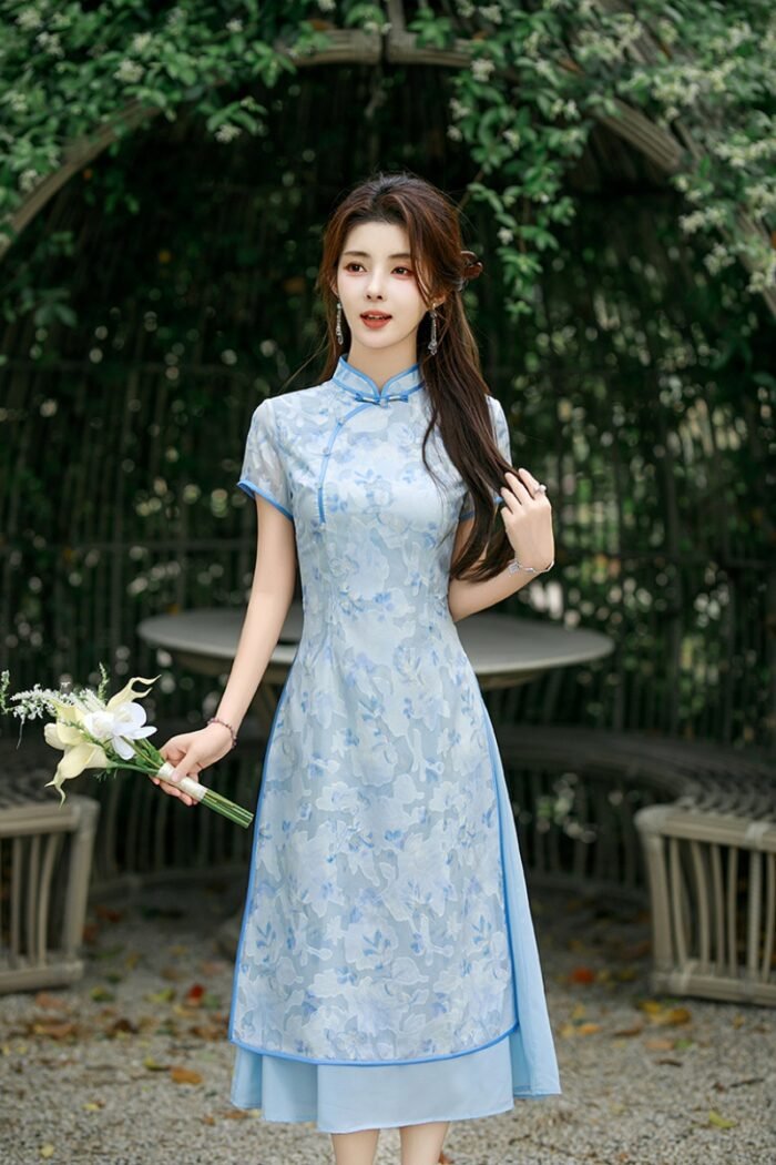 Chinese Style Cheongsam Satin Pink Blue