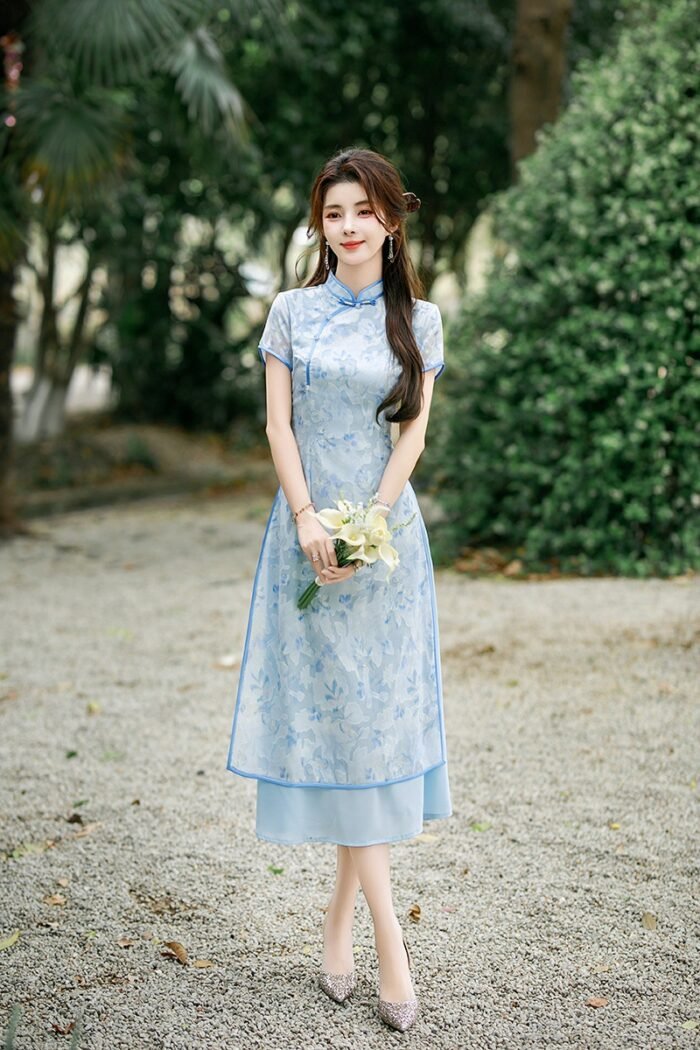 Chinese Style Cheongsam Satin Pink Blue
