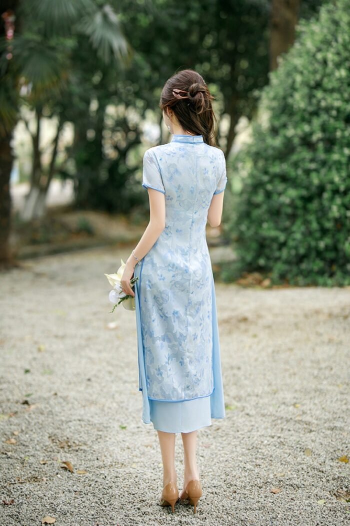 Chinese Style Cheongsam Satin Pink Blue