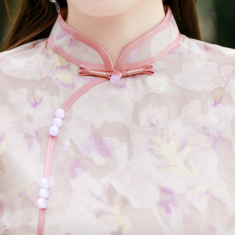 Chinese Style Cheongsam Satin Pink Blue