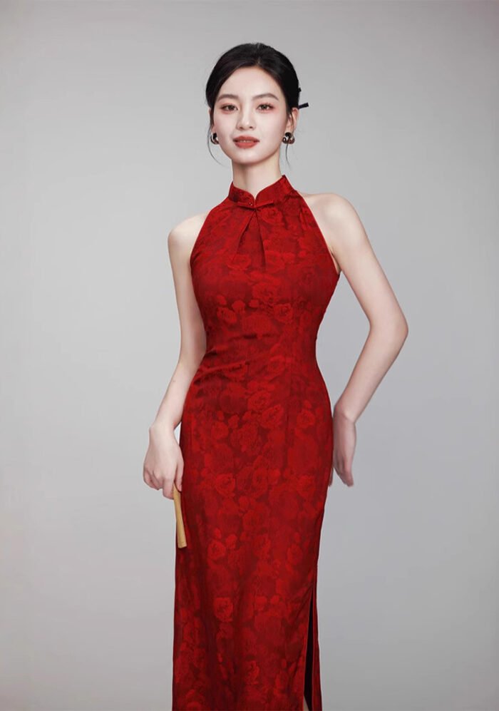 Classic Cheongsam Dress Halter Neck Floral Jacquard