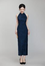 Classic Cheongsam Dress Halter Neck Floral Jacquard