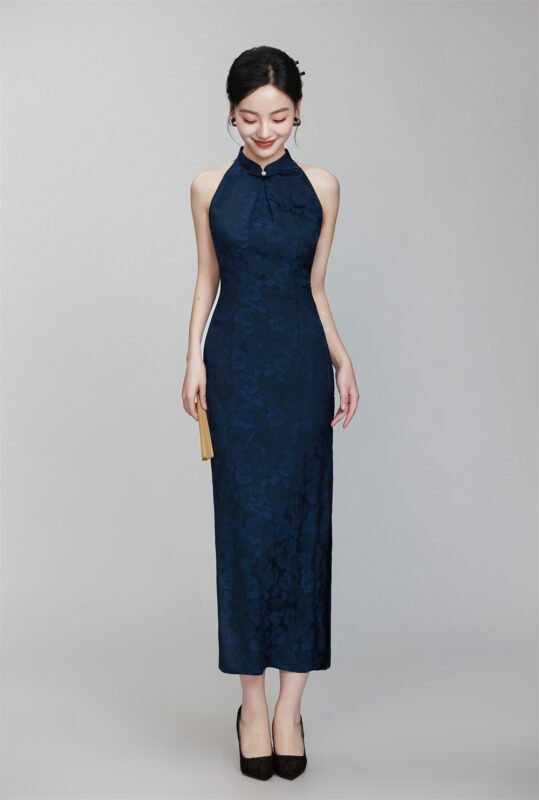 Classic Cheongsam Dress Halter Neck Floral Jacquard