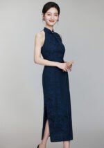 Classic Cheongsam Dress Halter Neck Floral Jacquard