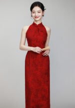 Classic Cheongsam Dress Halter Neck Floral Jacquard