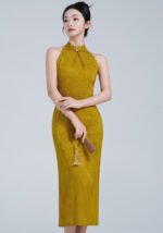 Classic Cheongsam Dress Halter Neck Floral Jacquard
