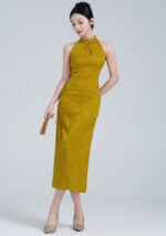Classic Cheongsam Dress Halter Neck Floral Jacquard