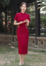 Crimson Short-Sleeve Cheongsam with Cloud & Floral Embroidery