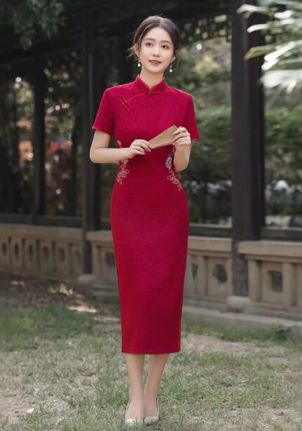 Crimson Short-Sleeve Cheongsam with Cloud & Floral Embroidery