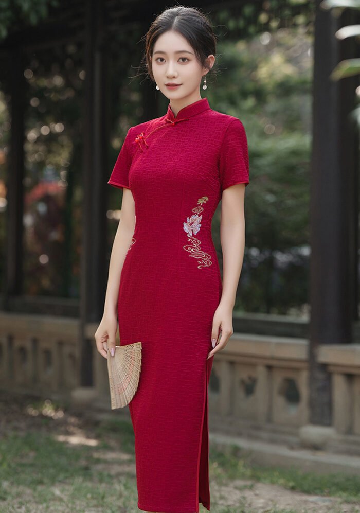 Crimson Short-Sleeve Cheongsam with Cloud & Floral Embroidery