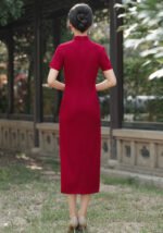 Crimson Short-Sleeve Cheongsam with Cloud & Floral Embroidery