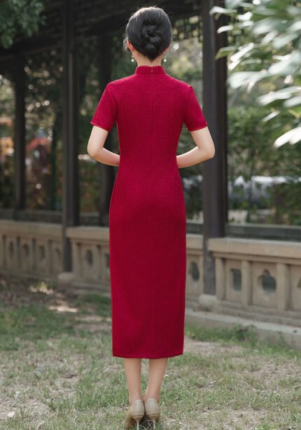 Crimson Short-Sleeve Cheongsam with Cloud & Floral Embroidery