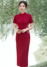 Crimson Short-Sleeve Cheongsam with Cloud & Floral Embroidery