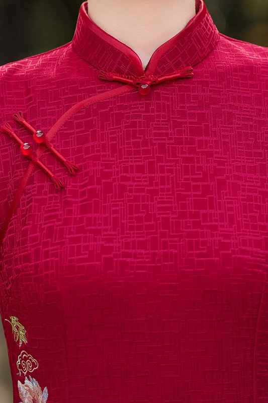 Crimson Short-Sleeve Cheongsam with Cloud & Floral Embroidery