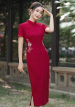 Crimson Short-Sleeve Cheongsam with Cloud & Floral Embroidery