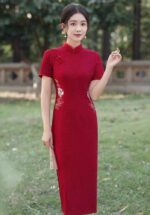 Crimson Short-Sleeve Cheongsam with Cloud & Floral Embroidery