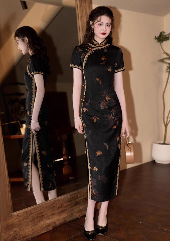 Elegant Black Qipao with Golden Floral Patterns