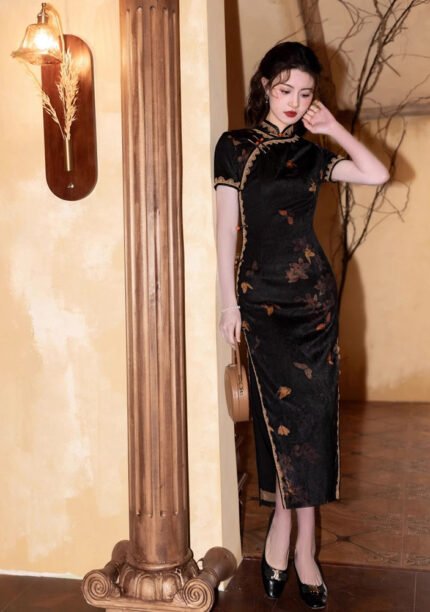 Elegant Black Qipao with Golden Floral Patterns
