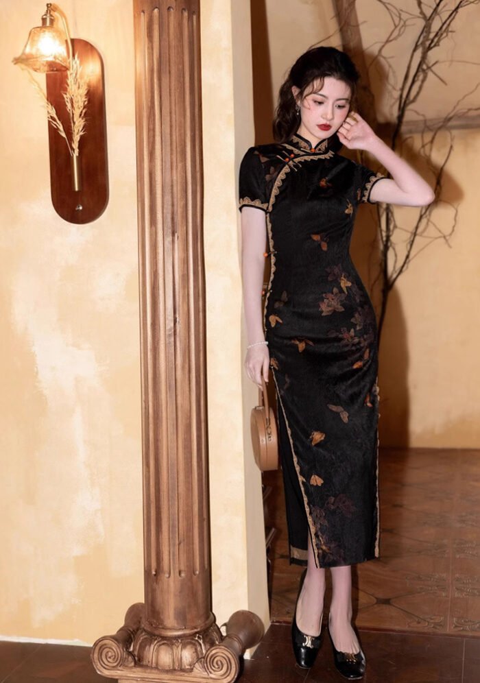 Elegant Black Qipao with Golden Floral Patterns