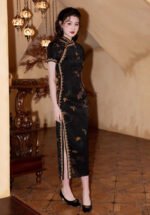 Elegant Black Qipao with Golden Floral Patterns